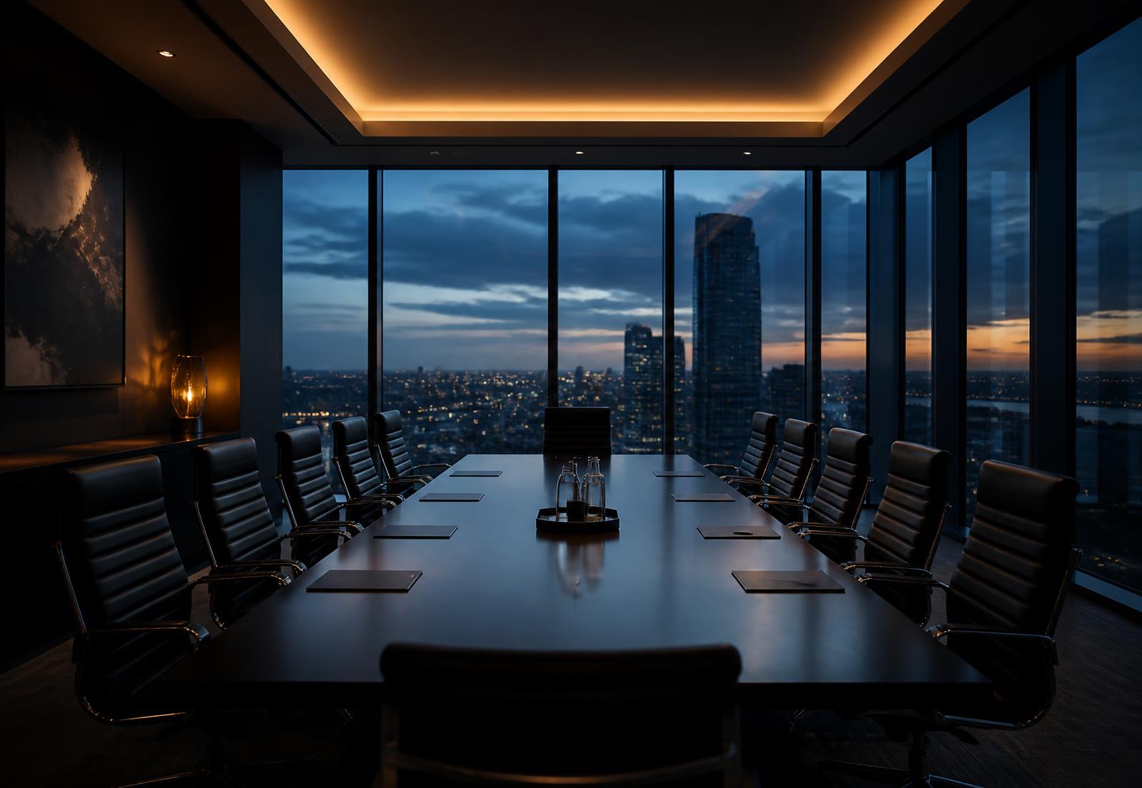 Executive boardroom overlooking a city skyline at dusk